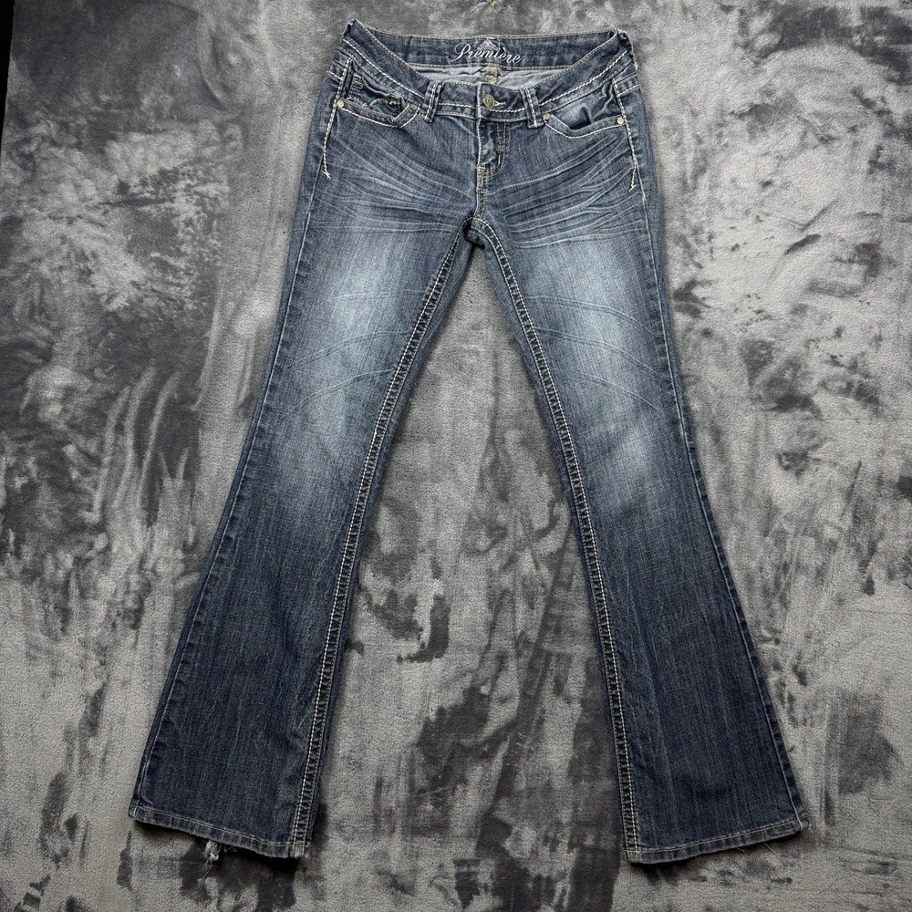 Premiere Bootcut Jeans Womens 7 Blue Denim Low Rise Thick Stitch Embroidered Y2K